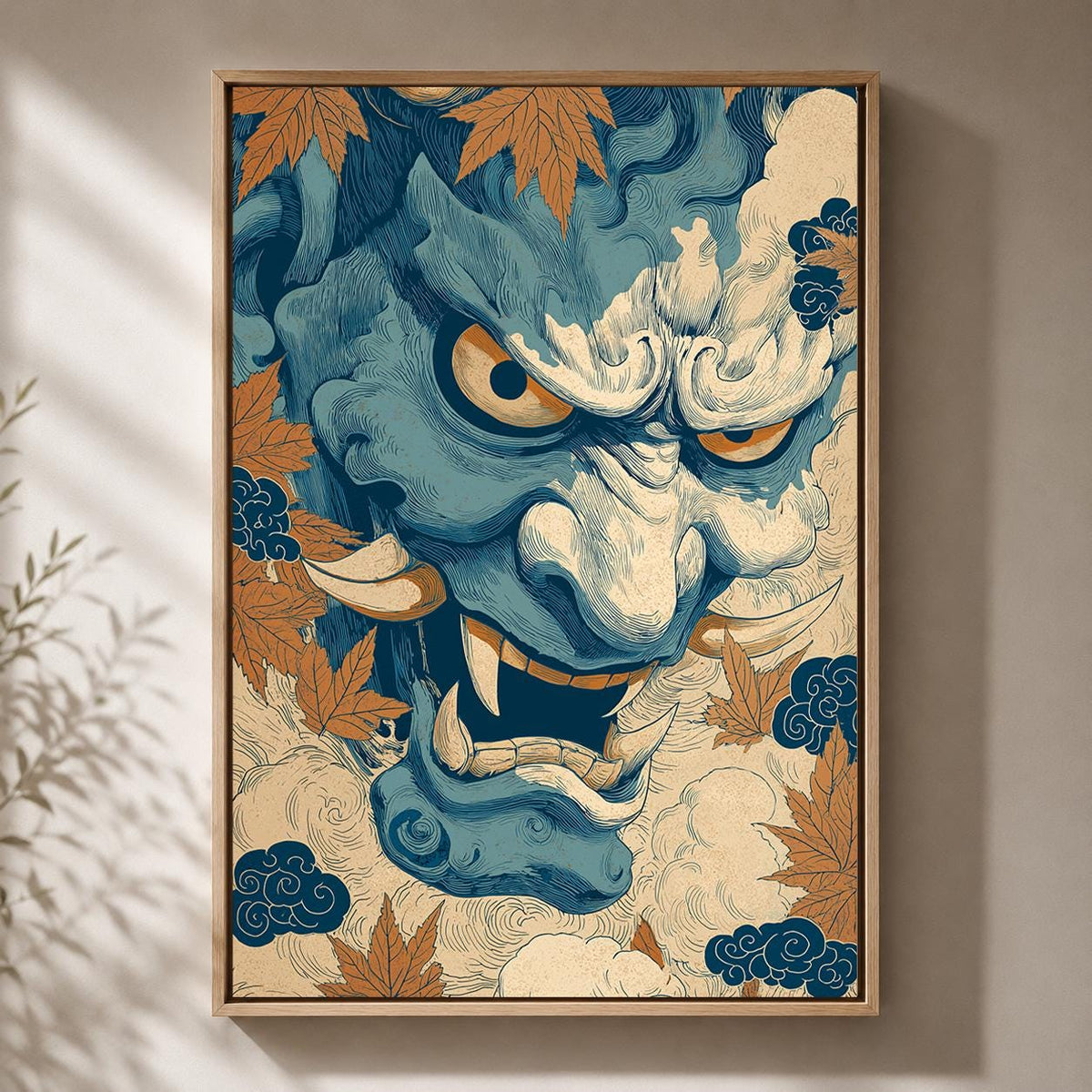 Japanese Oni Mask Framed Canvas Art, Blue Hannya Demon Print, Ukiyo E Style Decor by The Wall Art Studio - physical