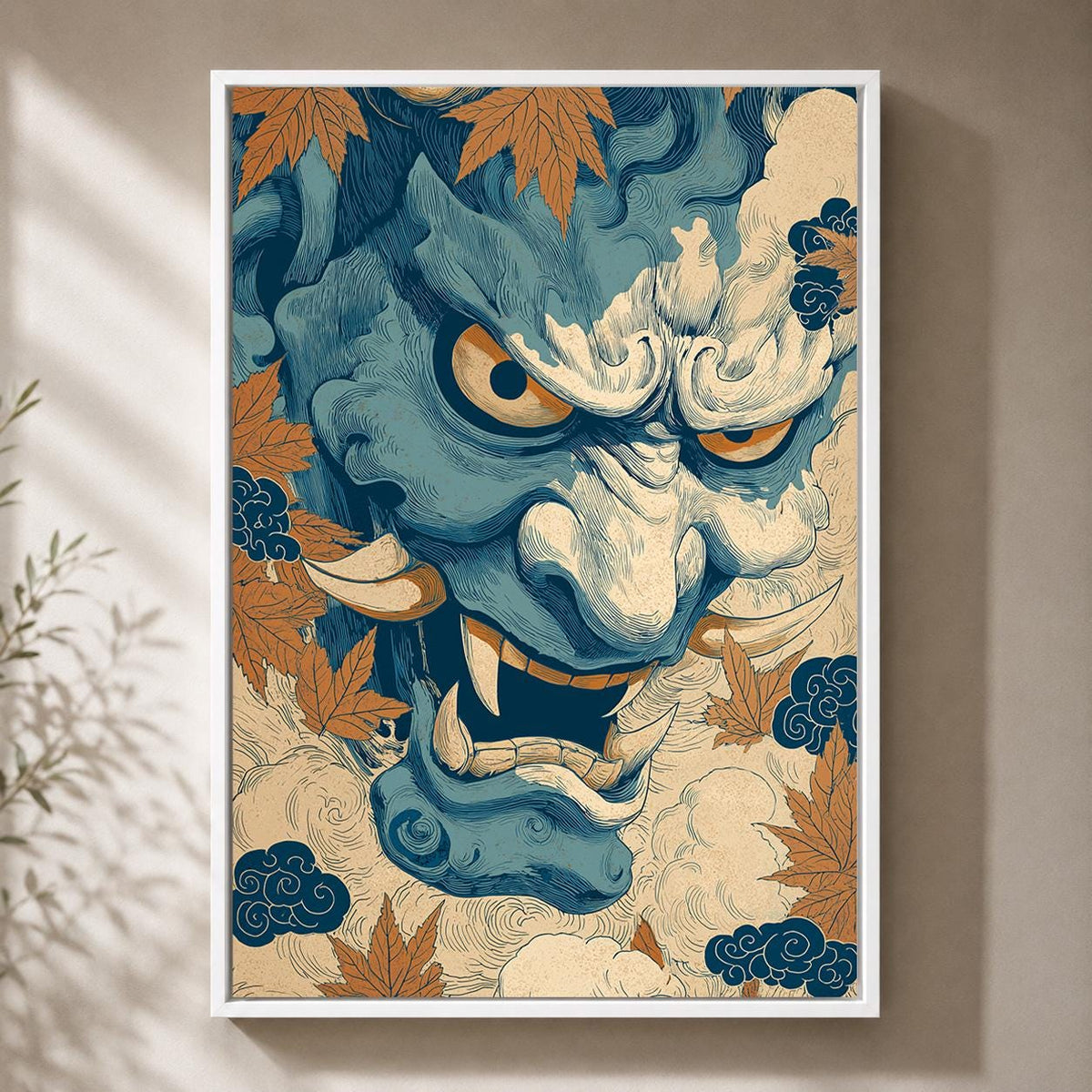 Japanese Oni Mask Framed Canvas Art, Blue Hannya Demon Print, Ukiyo E Style Decor by The Wall Art Studio - physical