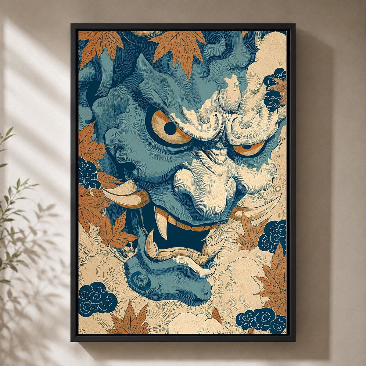 Japanese Oni Mask Framed Canvas Art, Blue Hannya Demon Print, Ukiyo E Style Decor by The Wall Art Studio - physical