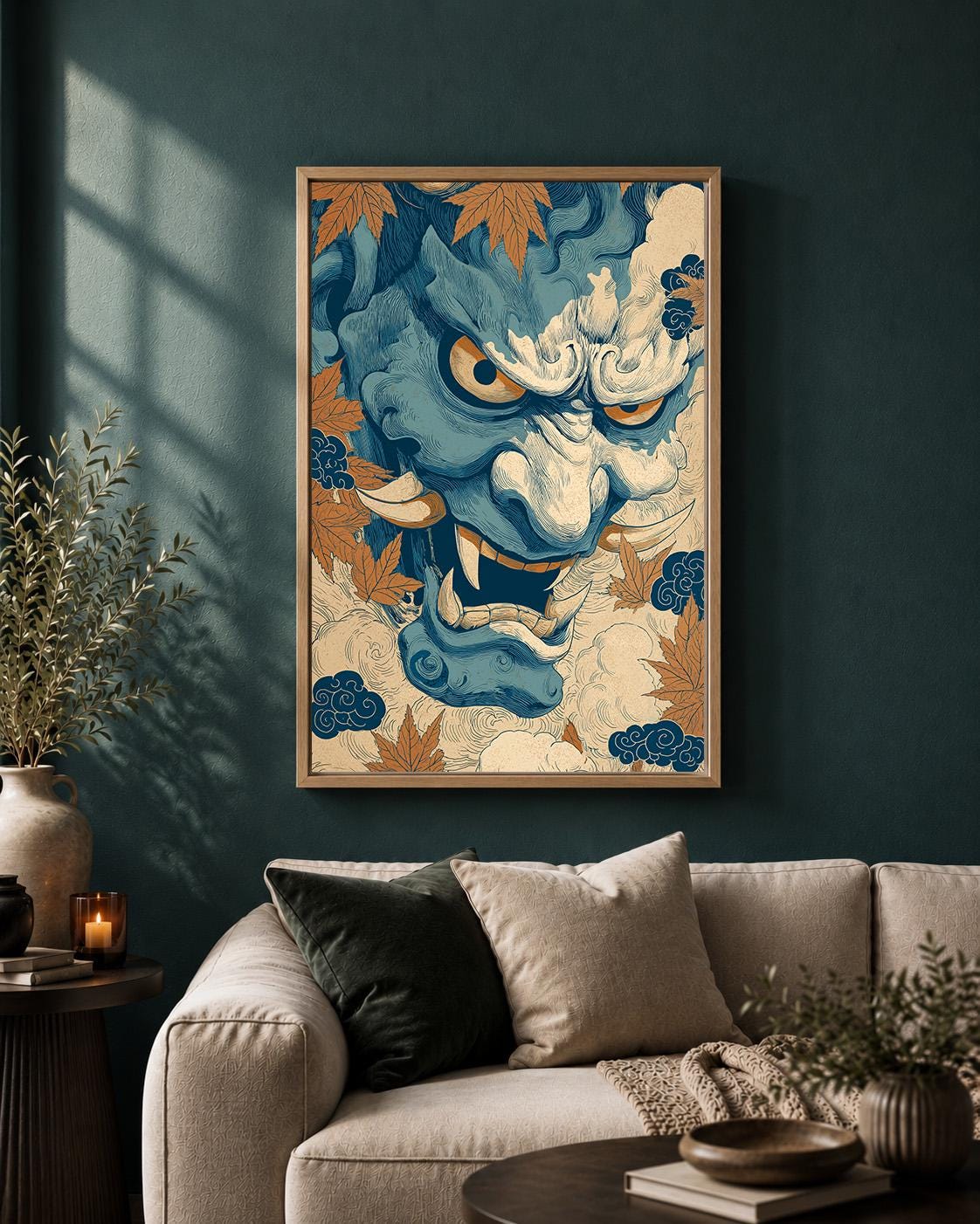 Japanese Oni Mask Framed Canvas Art, Blue Hannya Demon Print, Ukiyo E Style Decor by The Wall Art Studio - physical