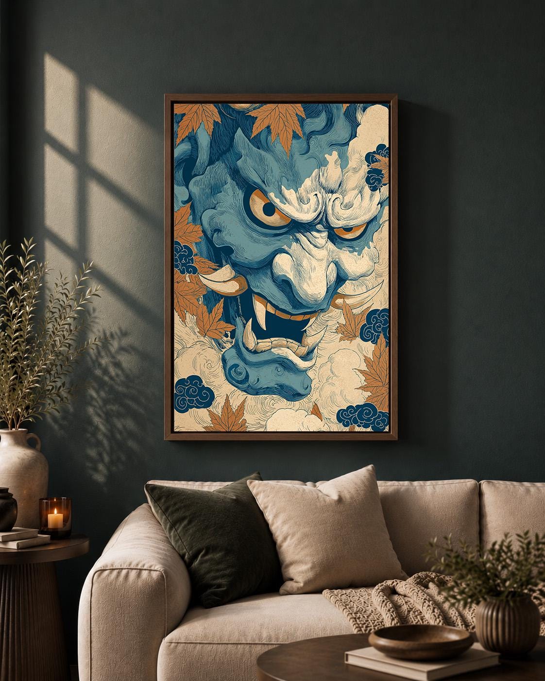Japanese Oni Mask Framed Canvas Art, Blue Hannya Demon Print, Ukiyo E Style Decor by The Wall Art Studio - physical