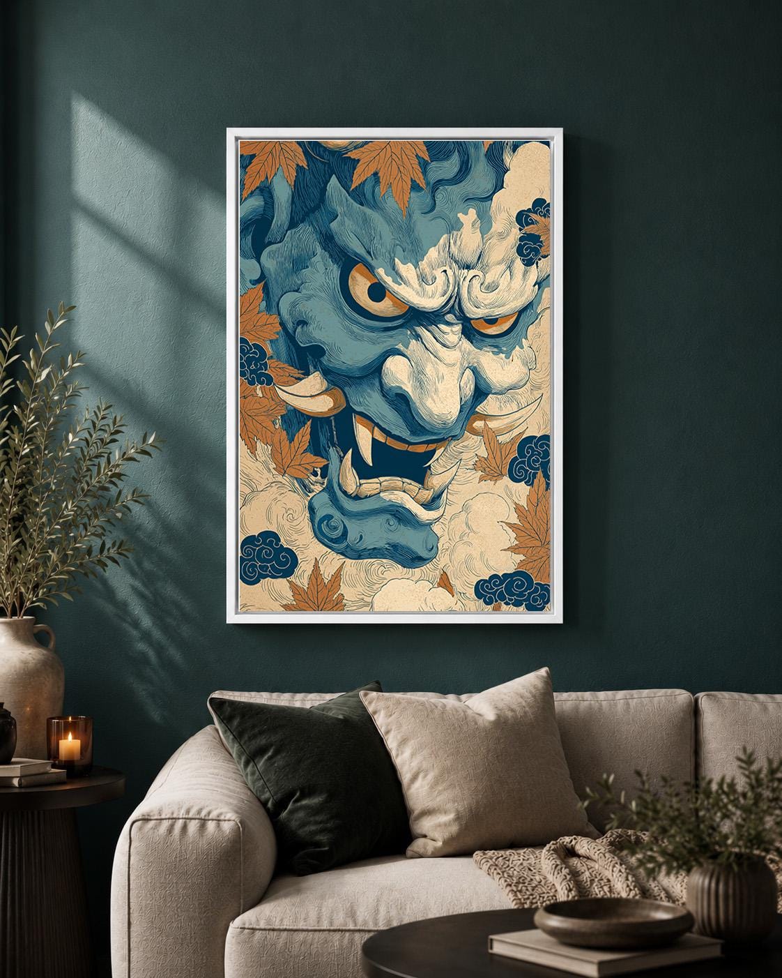 Japanese Oni Mask Framed Canvas Art, Blue Hannya Demon Print, Ukiyo E Style Decor by The Wall Art Studio - physical