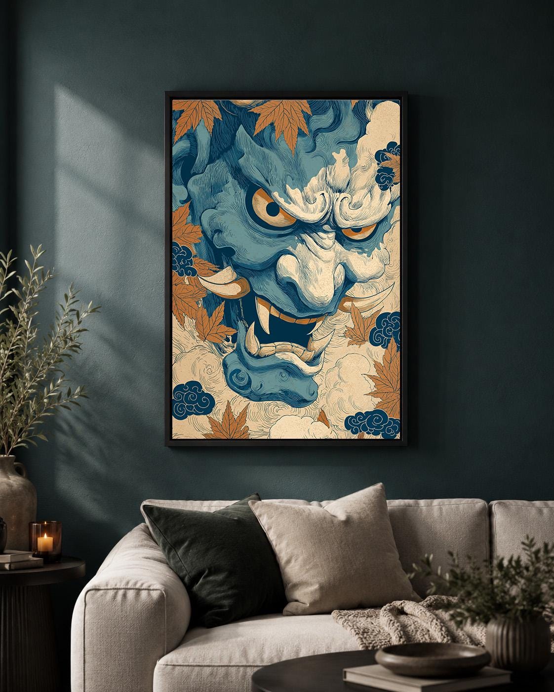 Japanese Oni Mask Framed Canvas Art, Blue Hannya Demon Print, Ukiyo E Style Decor by The Wall Art Studio - physical