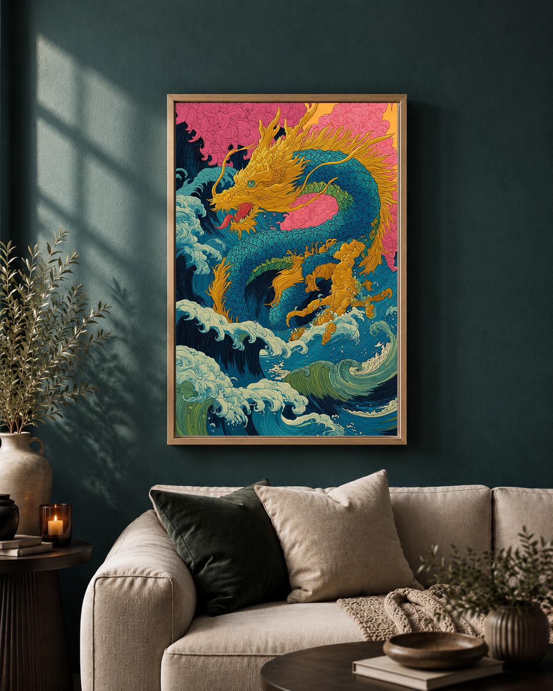 Japanese Sea Dragon Framed Canvas Art, Colorful Oriental Ocean Wave Print by The Wall Art Studio - physical