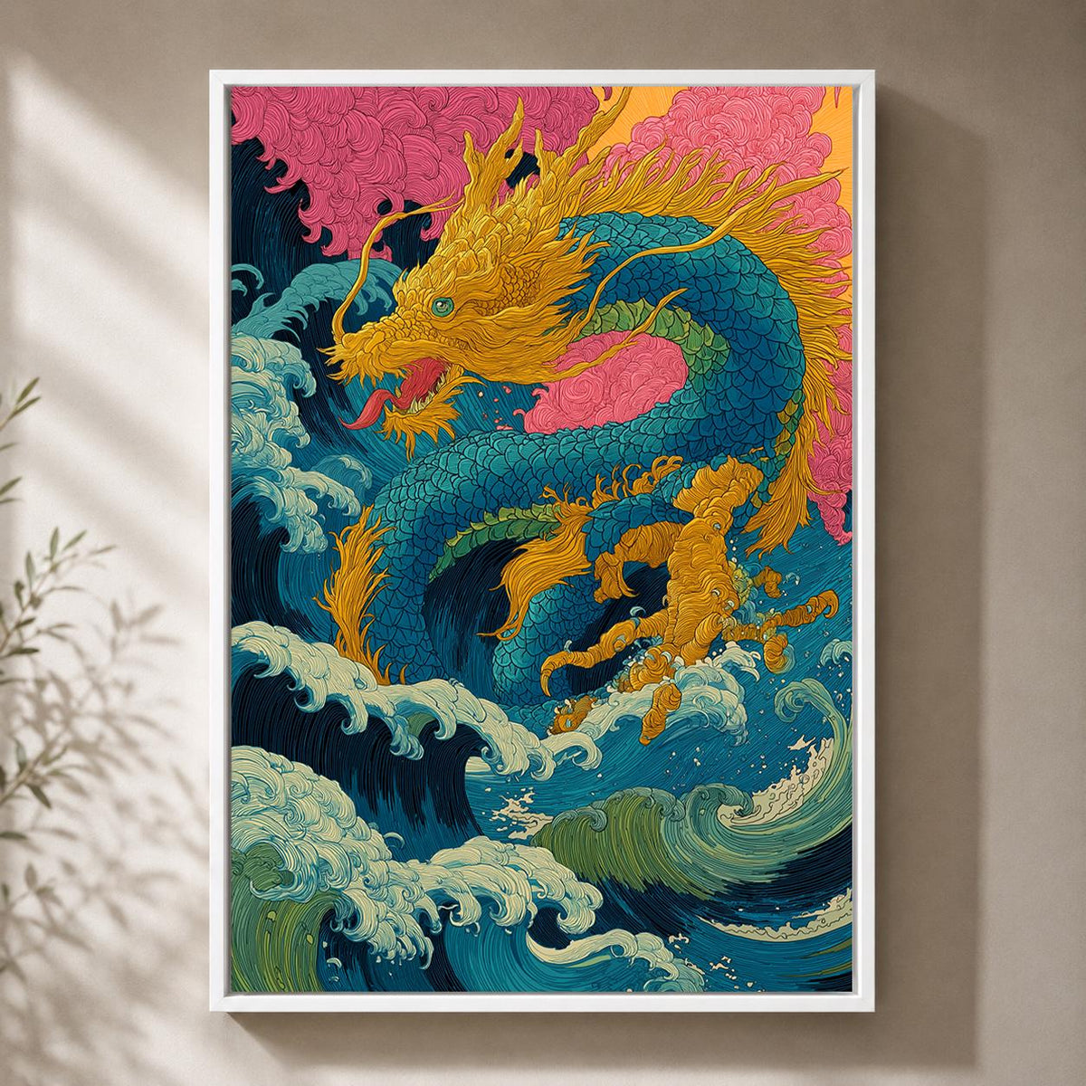 Japanese Sea Dragon Framed Canvas Art, Colorful Oriental Ocean Wave Print by The Wall Art Studio - physical