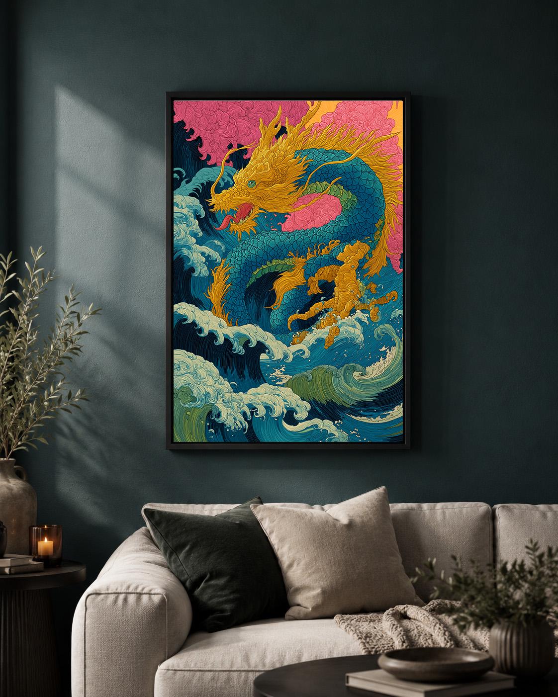 Japanese Sea Dragon Framed Canvas Art, Colorful Oriental Ocean Wave Print by The Wall Art Studio - physical