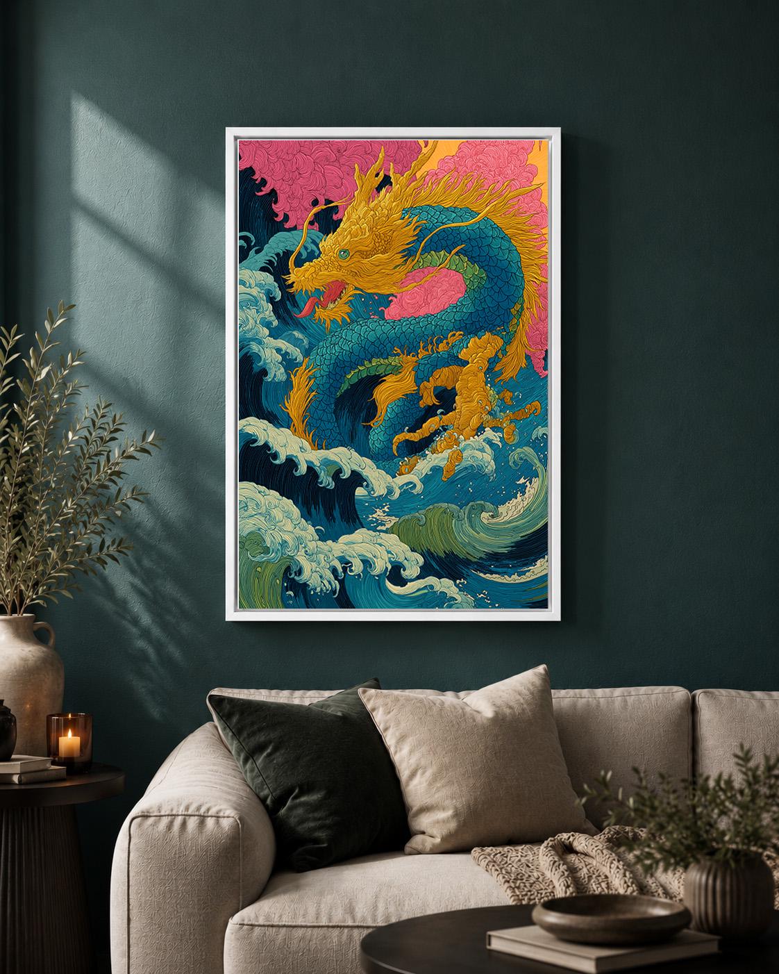 Japanese Sea Dragon Framed Canvas Art, Colorful Oriental Ocean Wave Print by The Wall Art Studio - physical