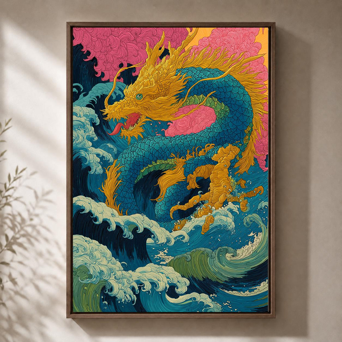 Japanese Sea Dragon Framed Canvas Art, Colorful Oriental Ocean Wave Print by The Wall Art Studio - physical