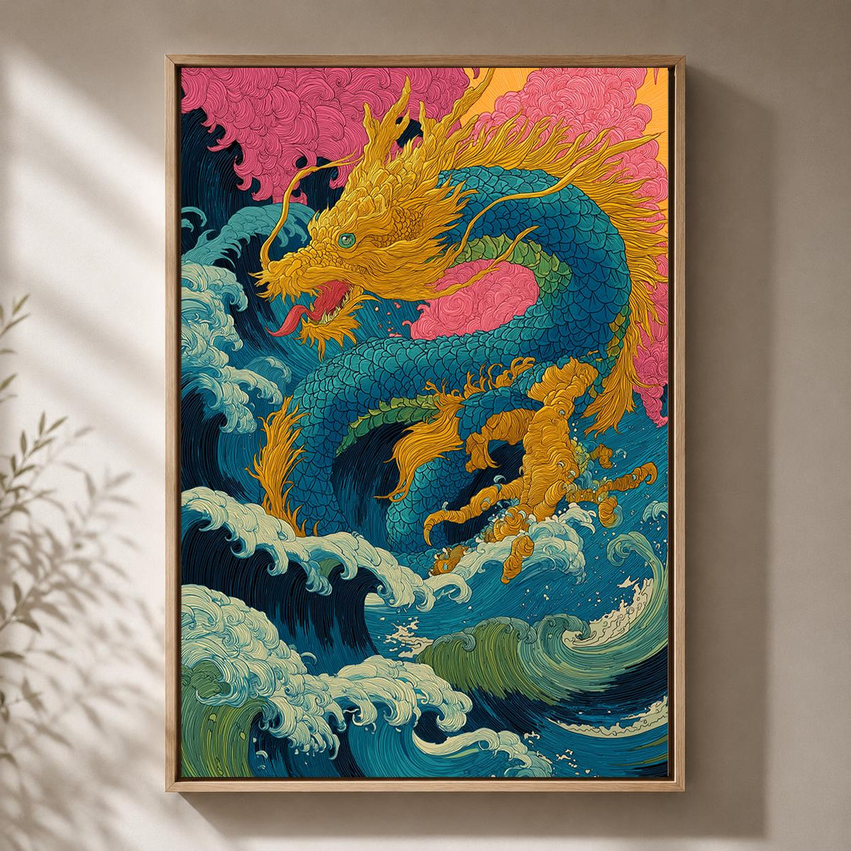 Japanese Sea Dragon Framed Canvas Art, Colorful Oriental Ocean Wave Print by The Wall Art Studio - physical