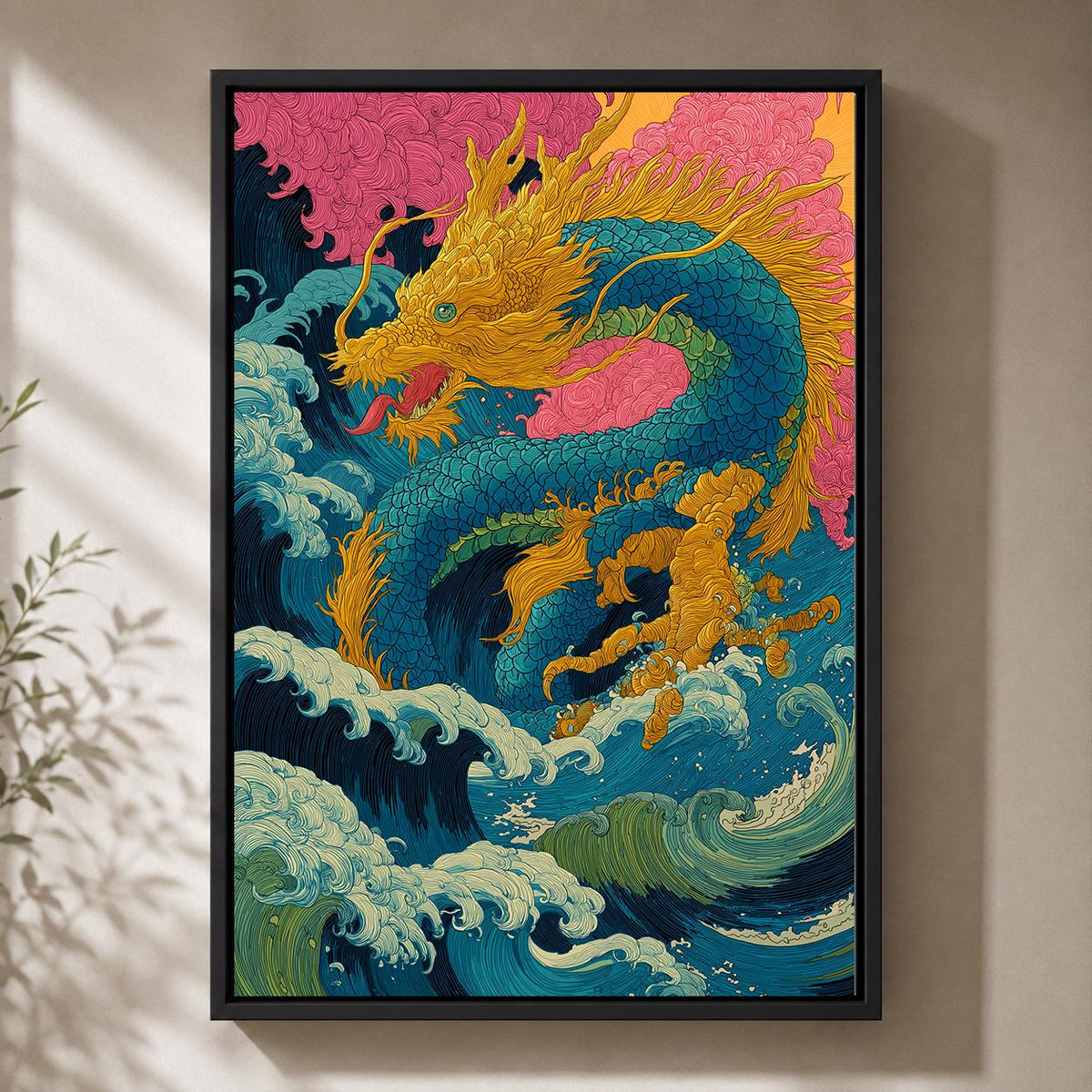 Japanese Sea Dragon Framed Canvas Art, Colorful Oriental Ocean Wave Print by The Wall Art Studio - physical