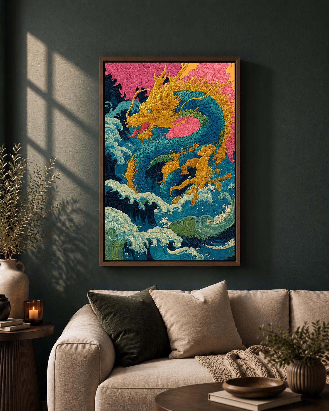 Japanese Sea Dragon Framed Canvas Art, Colorful Oriental Ocean Wave Print by The Wall Art Studio - physical