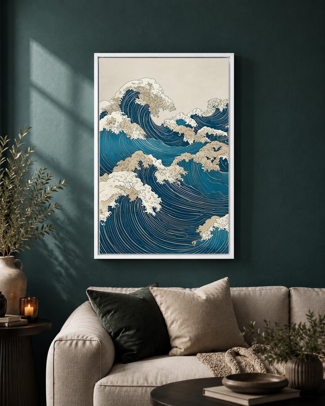 Japanese Wave Framed Canvas Art, Ukiyo-e Ocean Print, Coastal Japandi Decor by The Wall Art Studio - physical