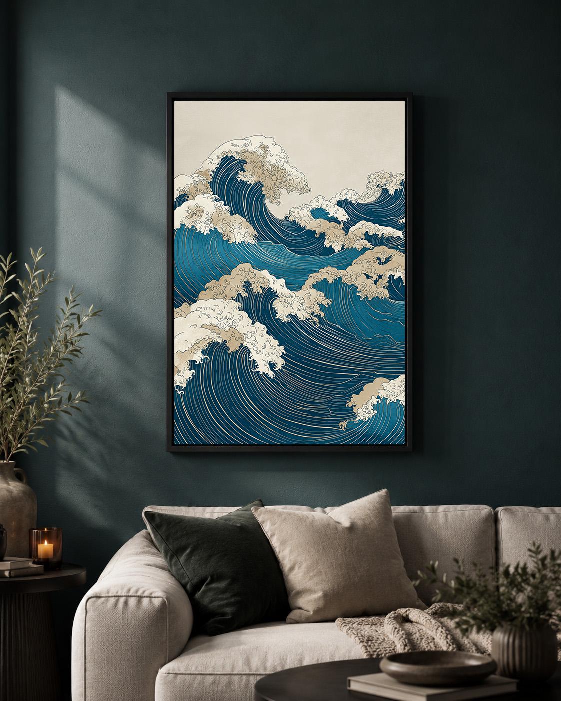 Japanese Wave Framed Canvas Art, Ukiyo-e Ocean Print, Coastal Japandi Decor by The Wall Art Studio - physical