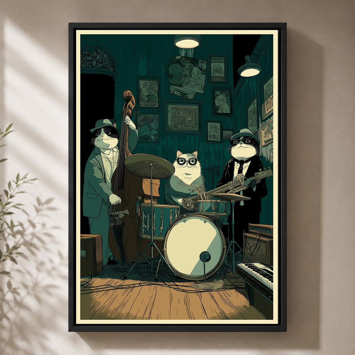Jazz Cat Band Framed Canvas Art, Whimsical Musician Cats Print, Speakeasy Decor by The Wall Art Studio - physical
