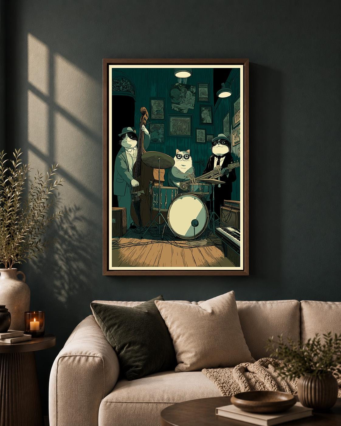 Jazz Cat Band Framed Canvas Art, Whimsical Musician Cats Print, Speakeasy Decor by The Wall Art Studio - physical