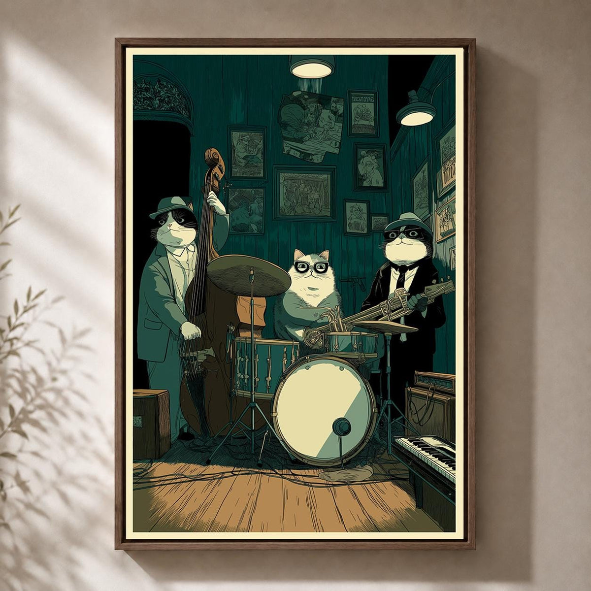 Jazz Cat Band Framed Canvas Art, Whimsical Musician Cats Print, Speakeasy Decor by The Wall Art Studio - physical