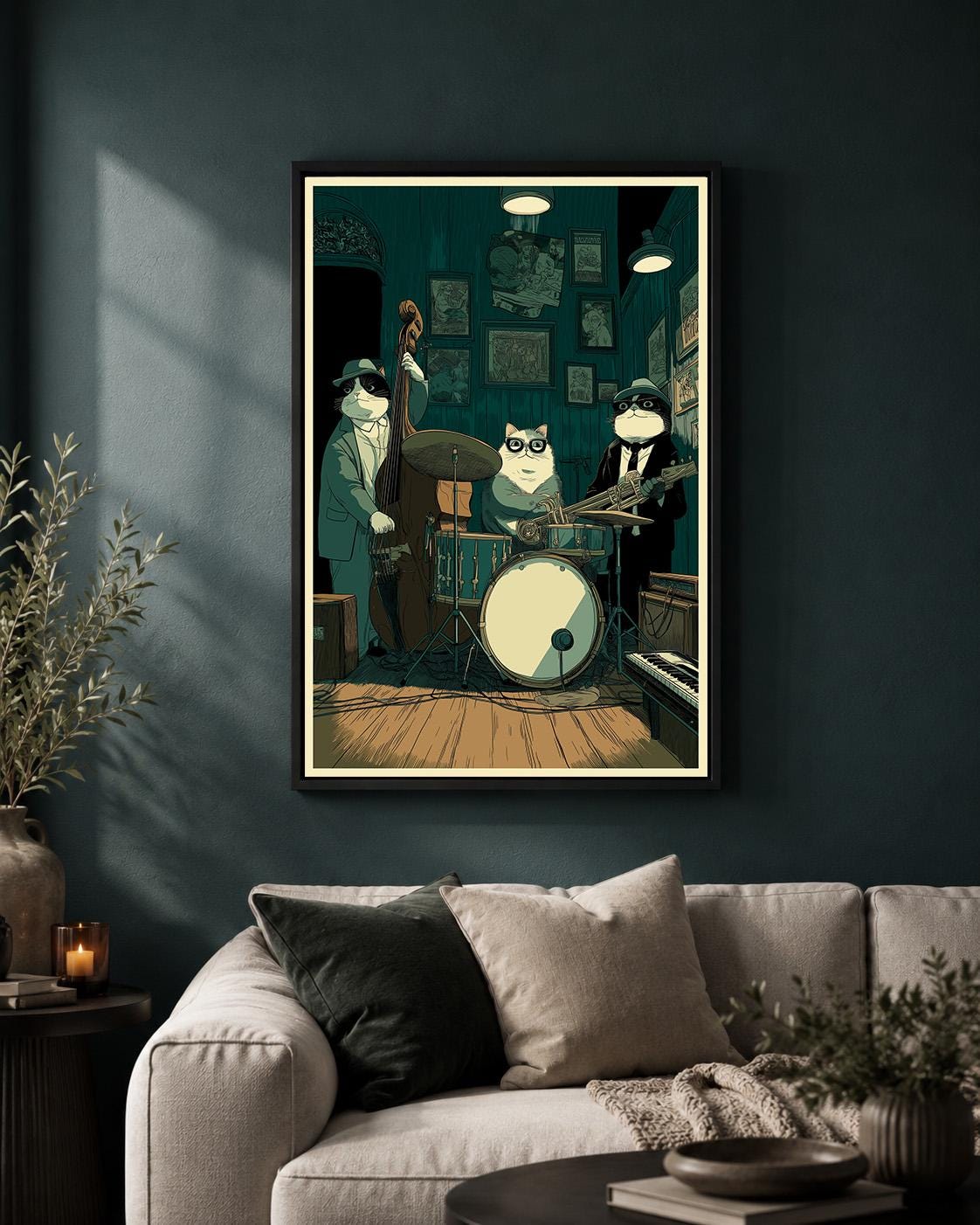 Jazz Cat Band Framed Canvas Art, Whimsical Musician Cats Print, Speakeasy Decor by The Wall Art Studio - physical