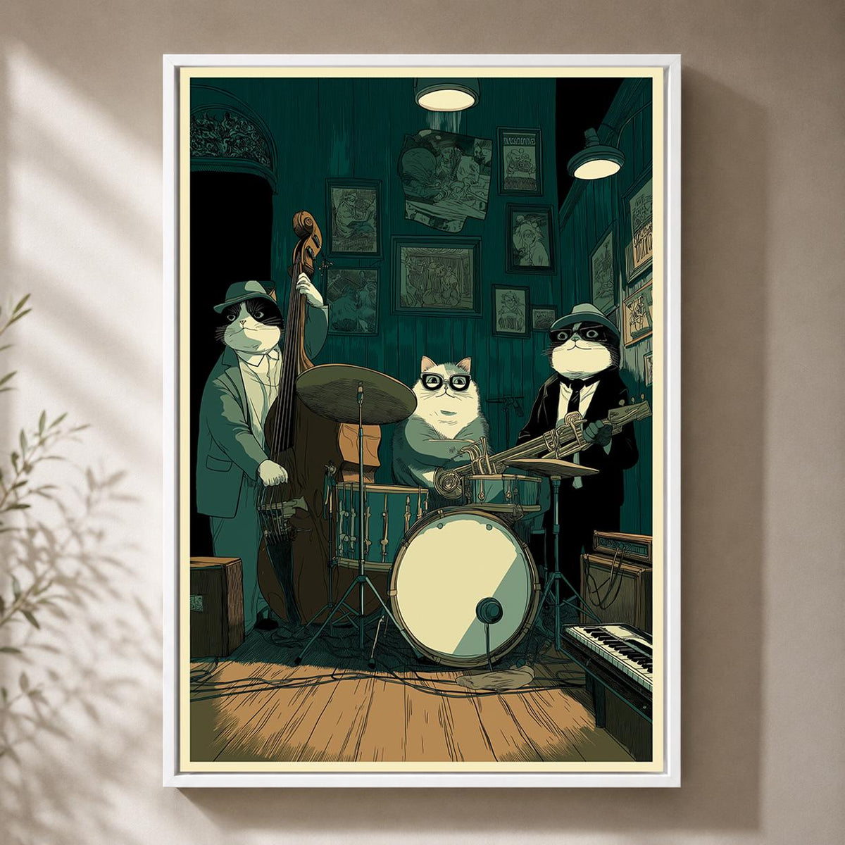 Jazz Cat Band Framed Canvas Art, Whimsical Musician Cats Print, Speakeasy Decor by The Wall Art Studio - physical