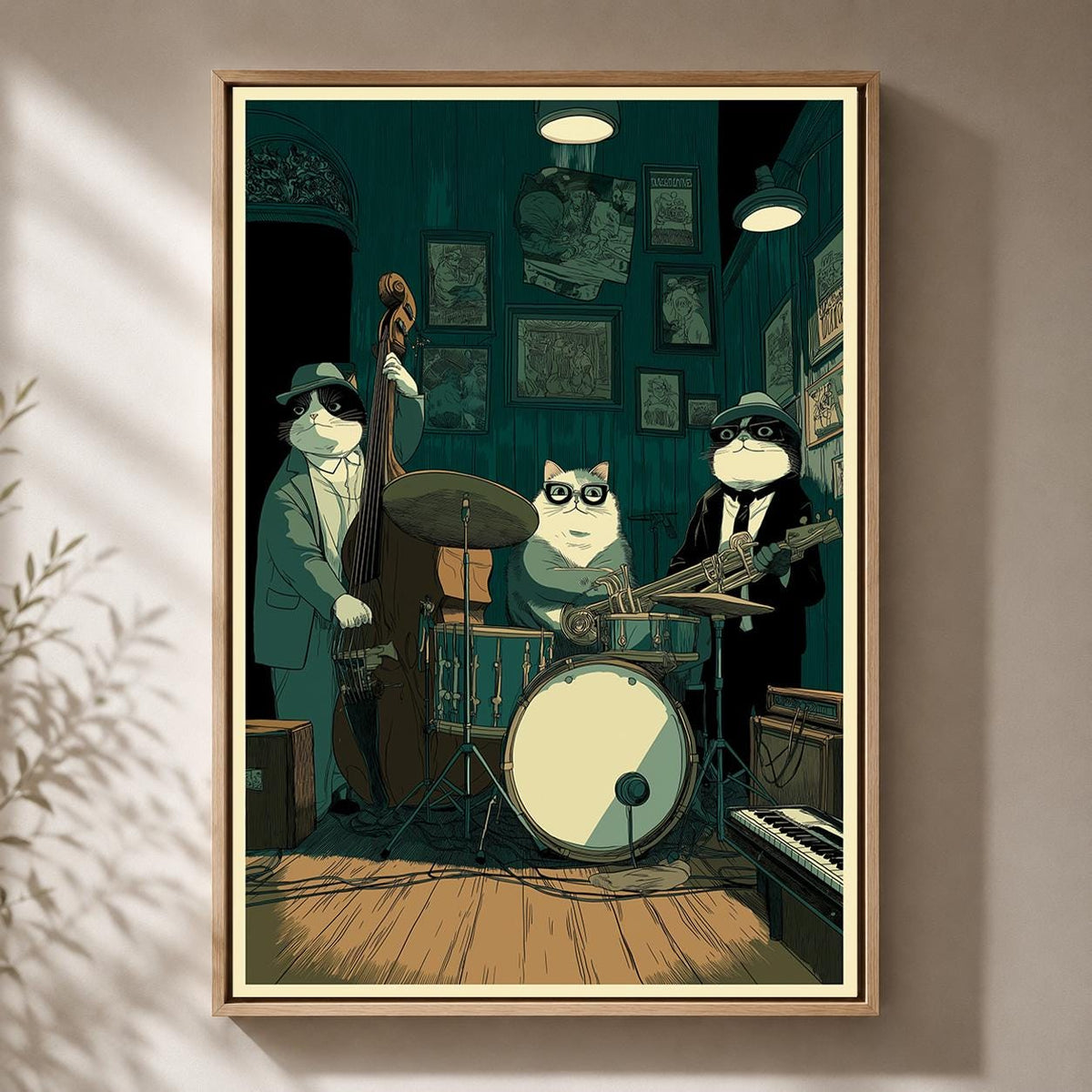 Jazz Cat Band Framed Canvas Art, Whimsical Musician Cats Print, Speakeasy Decor by The Wall Art Studio - physical
