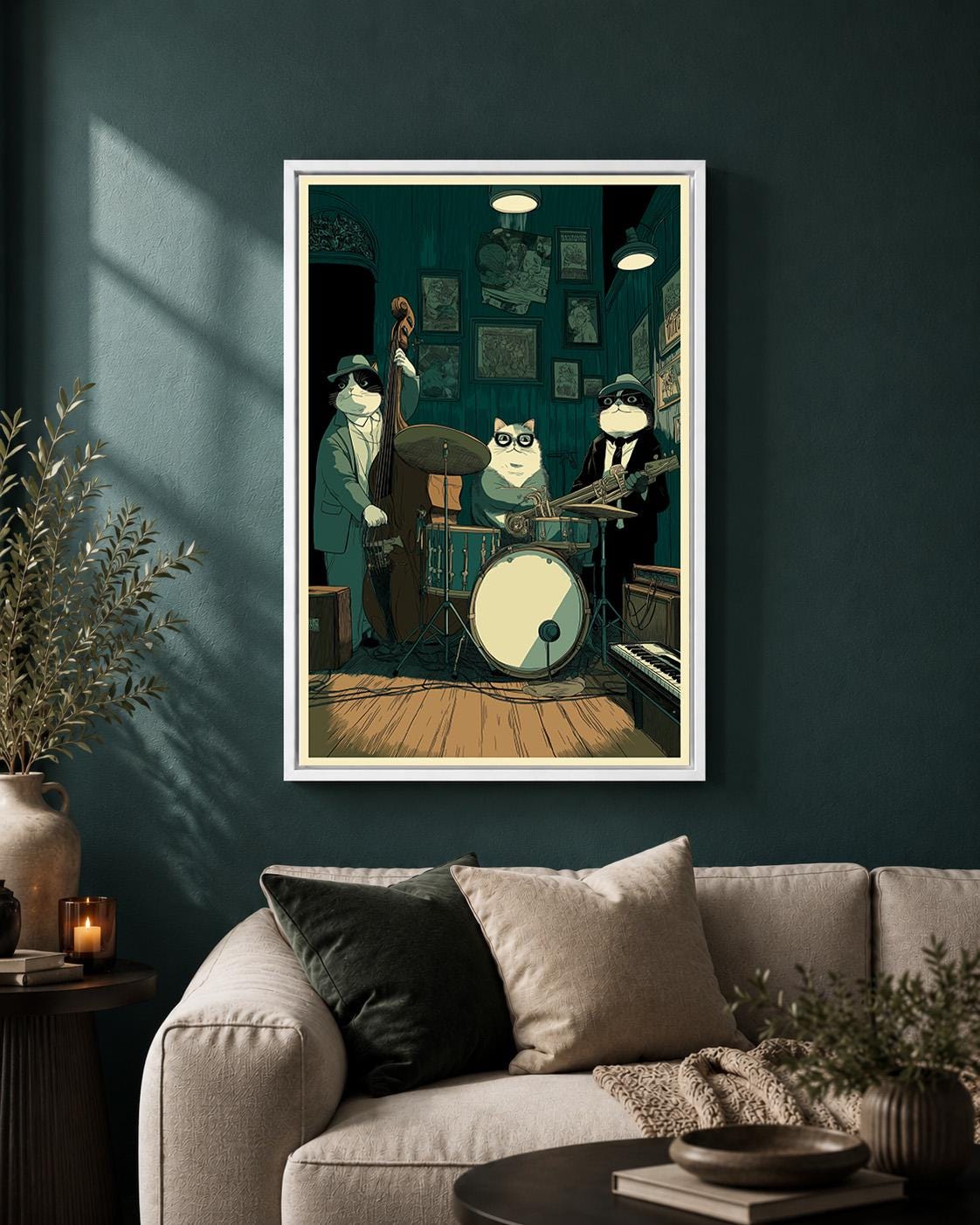 Jazz Cat Band Framed Canvas Art, Whimsical Musician Cats Print, Speakeasy Decor by The Wall Art Studio - physical