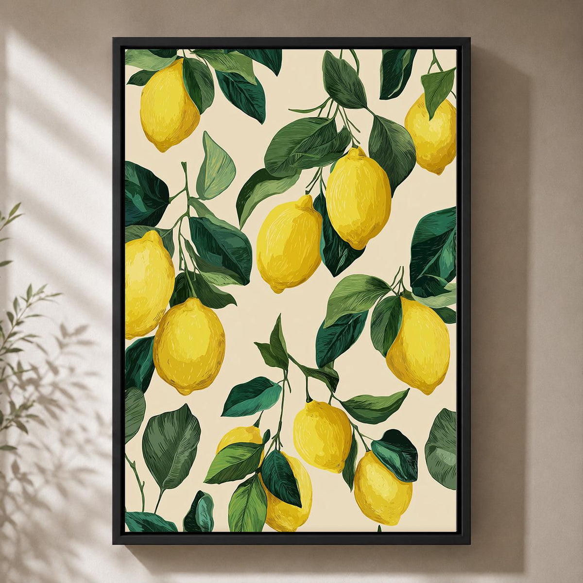 Lemon Branch Framed Canvas Art, Italian Citrus Kitchen Decor, Botanical Print by The Wall Art Studio - physical