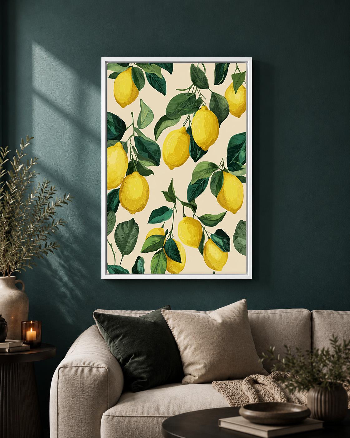 Lemon Branch Framed Canvas Art, Italian Citrus Kitchen Decor, Botanical Print by The Wall Art Studio - physical