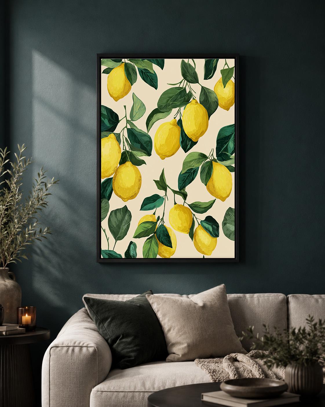 Lemon Branch Framed Canvas Art, Italian Citrus Kitchen Decor, Botanical Print by The Wall Art Studio - physical