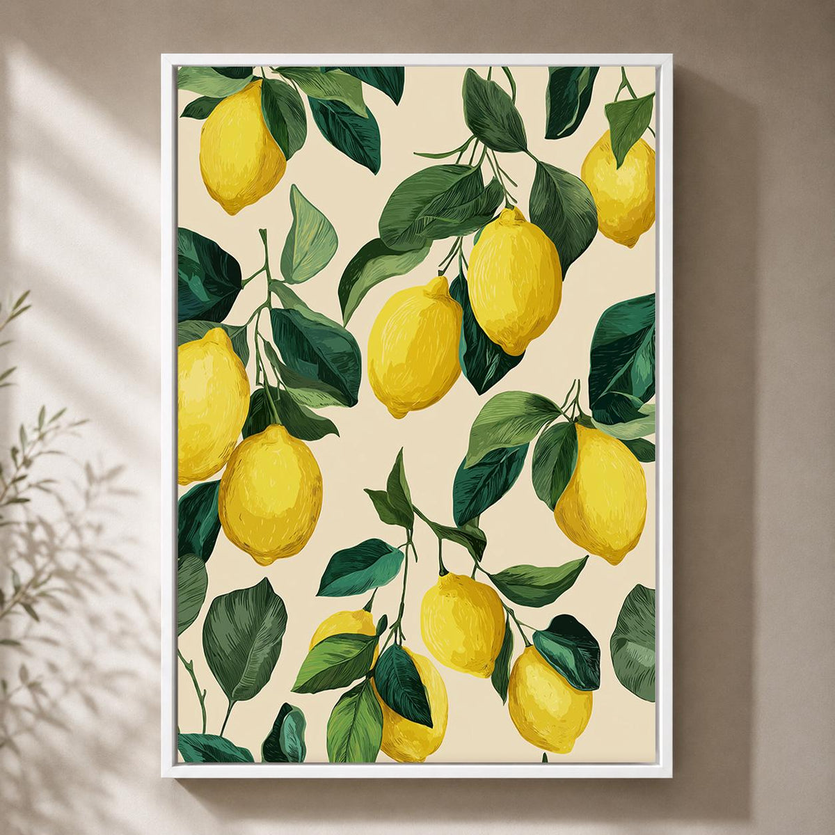 Lemon Branch Framed Canvas Art, Italian Citrus Kitchen Decor, Botanical Print by The Wall Art Studio - physical