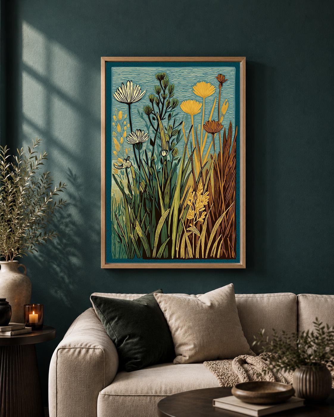 Linocut Botanical Framed Canvas Art, Mid Century Floral Meadow Decor, Scandinavian Nature Print by The Wall Art Studio - p...