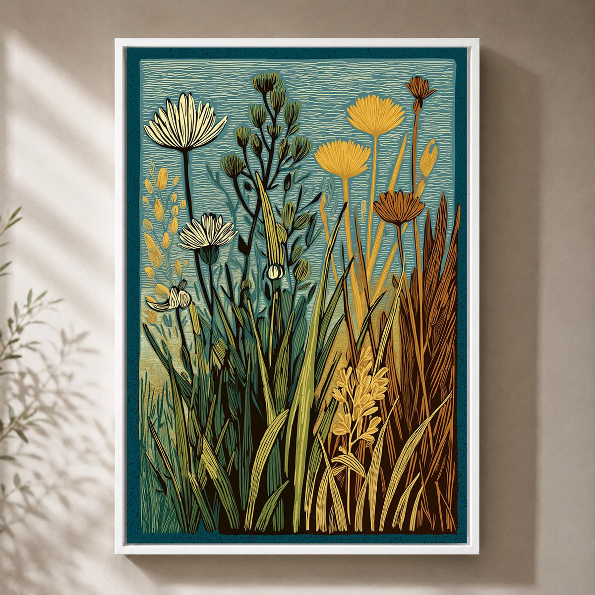 Linocut Botanical Framed Canvas Art, Mid Century Floral Meadow Decor, Scandinavian Nature Print by The Wall Art Studio - p...