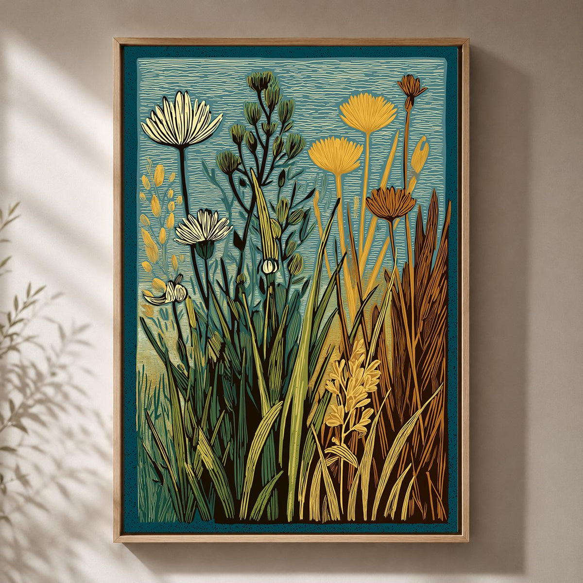 Linocut Botanical Framed Canvas Art, Mid Century Floral Meadow Decor, Scandinavian Nature Print by The Wall Art Studio - p...