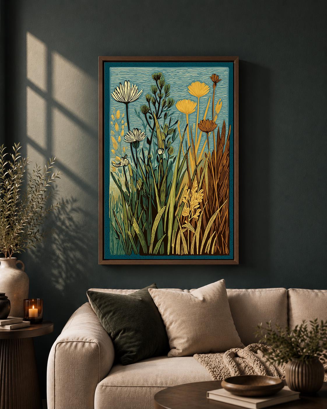 Linocut Botanical Framed Canvas Art, Mid Century Floral Meadow Decor, Scandinavian Nature Print by The Wall Art Studio - p...