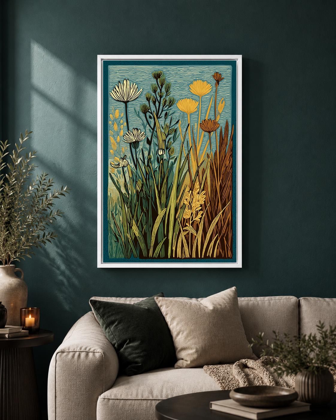 Linocut Botanical Framed Canvas Art, Mid Century Floral Meadow Decor, Scandinavian Nature Print by The Wall Art Studio - p...