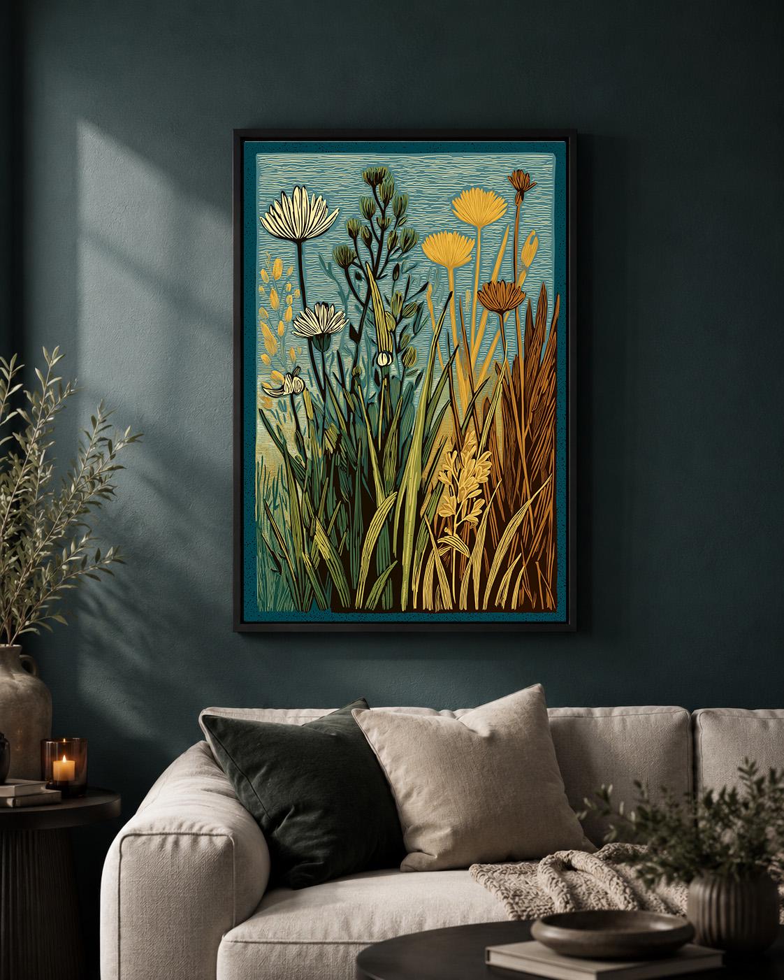 Linocut Botanical Framed Canvas Art, Mid Century Floral Meadow Decor, Scandinavian Nature Print by The Wall Art Studio - p...