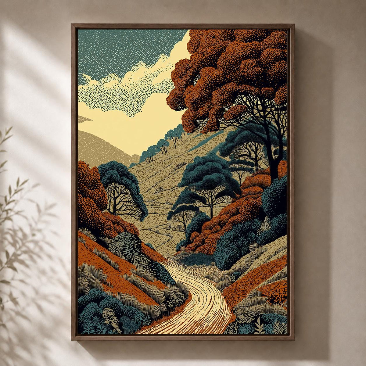 Linocut Landscape Framed Canvas Art, Rustic Woodland Path Print, Vintage Countryside Decor by The Wall Art Studio - physical