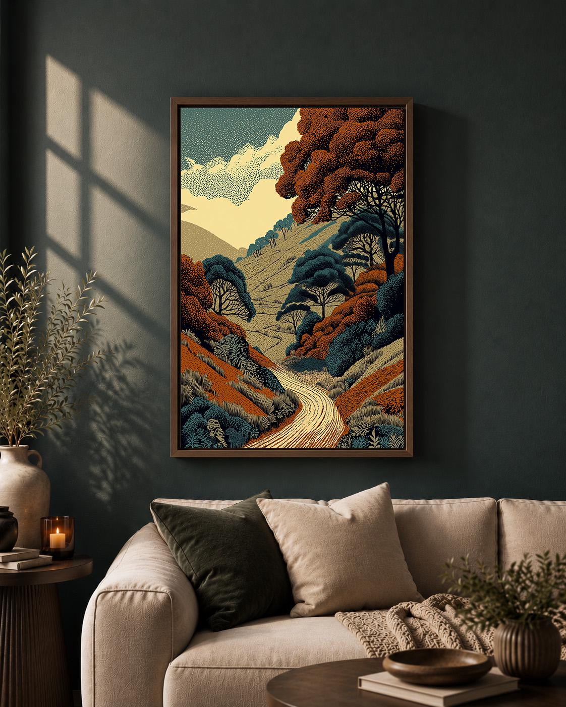 Linocut Landscape Framed Canvas Art, Rustic Woodland Path Print, Vintage Countryside Decor by The Wall Art Studio - physical