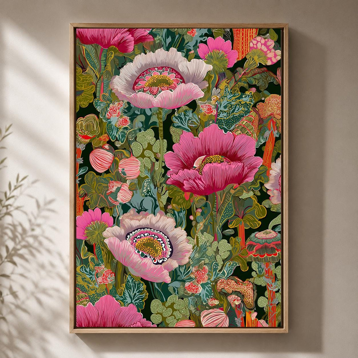 Maximalist Floral Framed Canvas Art, Bold Botanical Pink Flower Print, Eclectic Cottagecore Artwork by The Wall Art Studio...