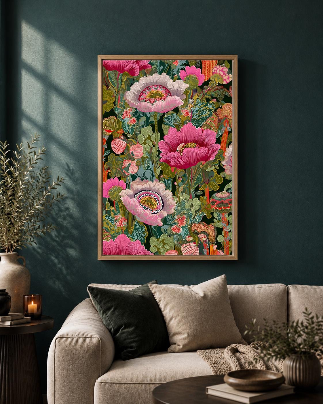 Maximalist Floral Framed Canvas Art, Bold Botanical Pink Flower Print, Eclectic Cottagecore Artwork by The Wall Art Studio...