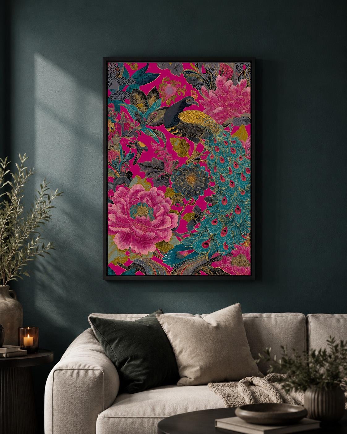 Maximalist Peacock Floral Framed Canvas Art, Hot Pink Chinoiserie Bird Print, Eclectic Decor by The Wall Art Studio - phys...