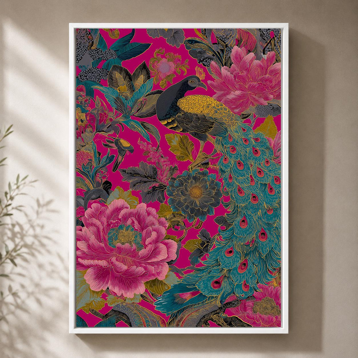 Maximalist Peacock Floral Framed Canvas Art, Hot Pink Chinoiserie Bird Print, Eclectic Decor by The Wall Art Studio - phys...