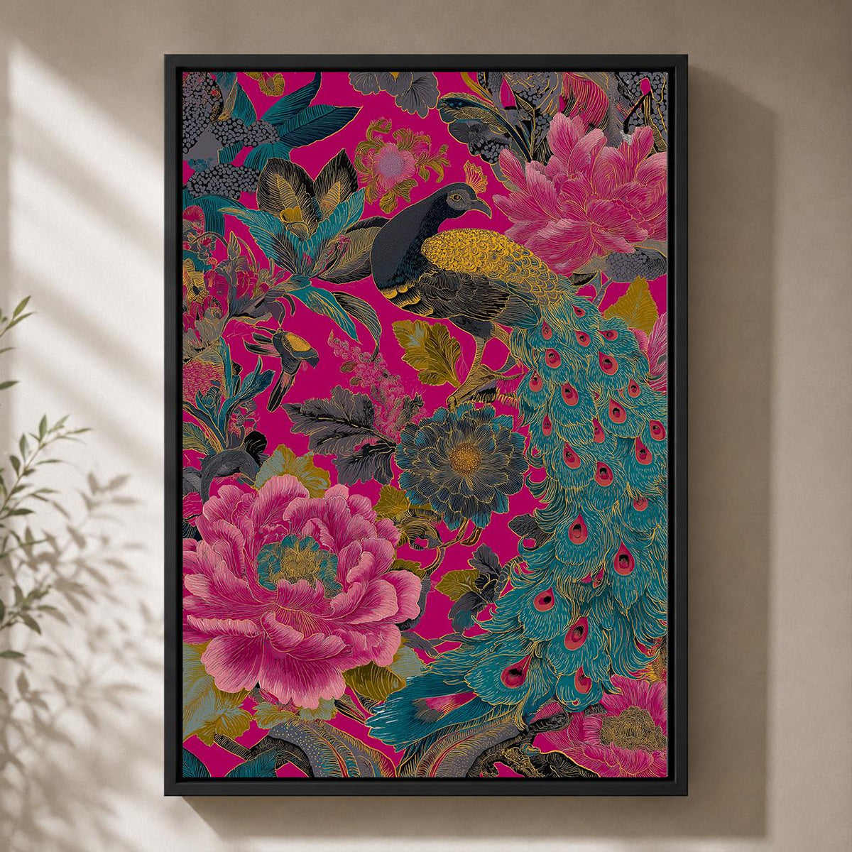 Maximalist Peacock Floral Framed Canvas Art, Hot Pink Chinoiserie Bird Print, Eclectic Decor by The Wall Art Studio - phys...