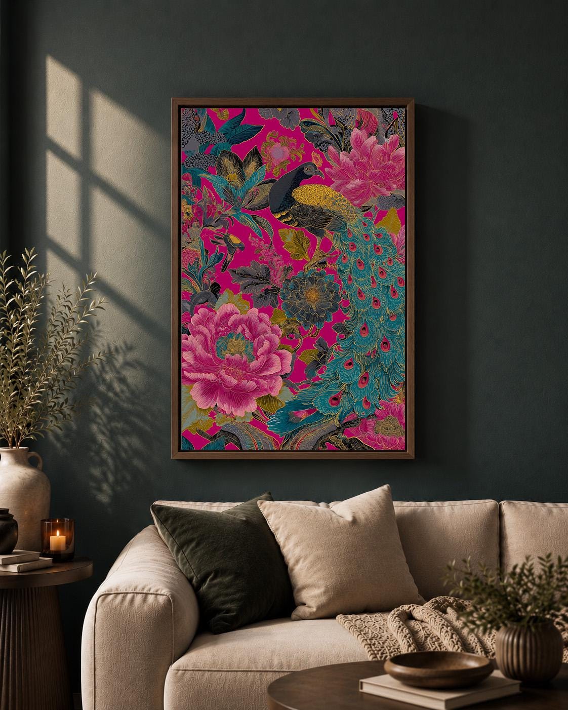 Maximalist Peacock Floral Framed Canvas Art, Hot Pink Chinoiserie Bird Print, Eclectic Decor by The Wall Art Studio - phys...