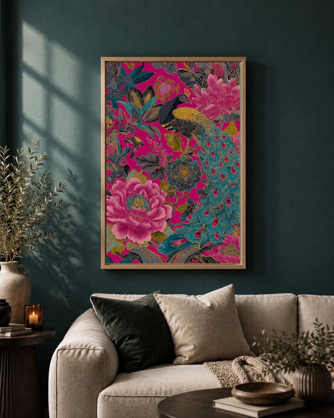 Maximalist Peacock Floral Framed Canvas Art, Hot Pink Chinoiserie Bird Print, Eclectic Decor by The Wall Art Studio - phys...