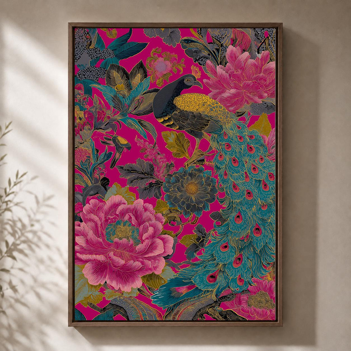 Maximalist Peacock Floral Framed Canvas Art, Hot Pink Chinoiserie Bird Print, Eclectic Decor by The Wall Art Studio - phys...