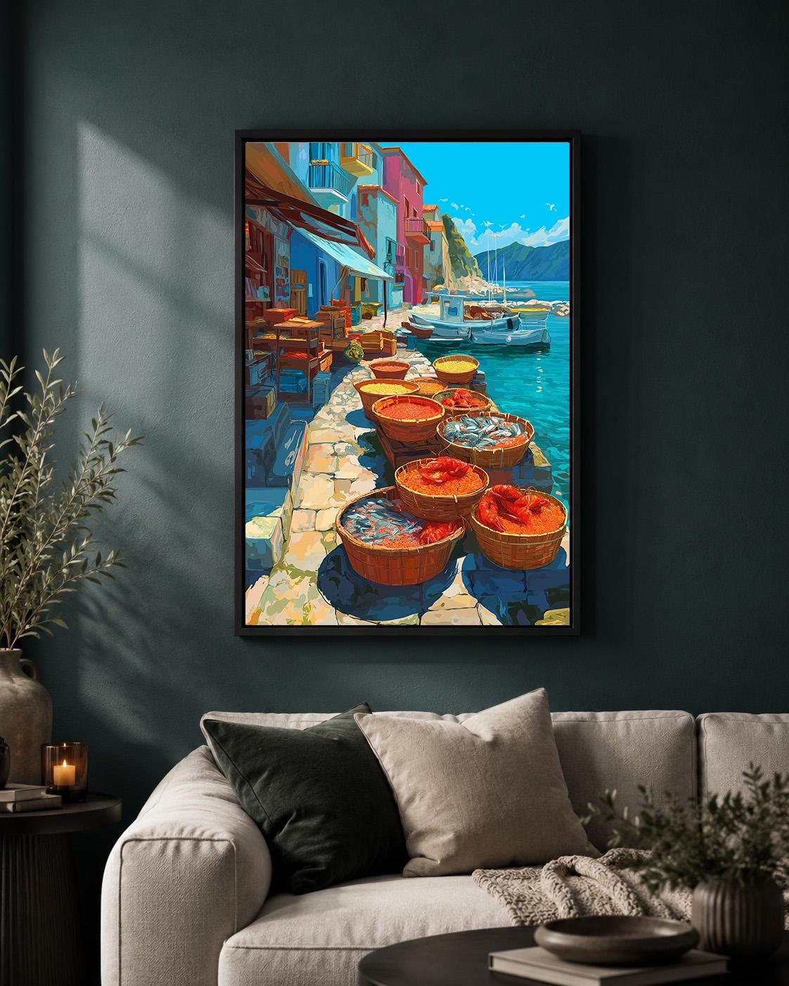 Mediterranean Fish Market Framed Canvas Art, Coastal Harbor Print, Italian Riviera Seafood Decor by The Wall Art Studio -...