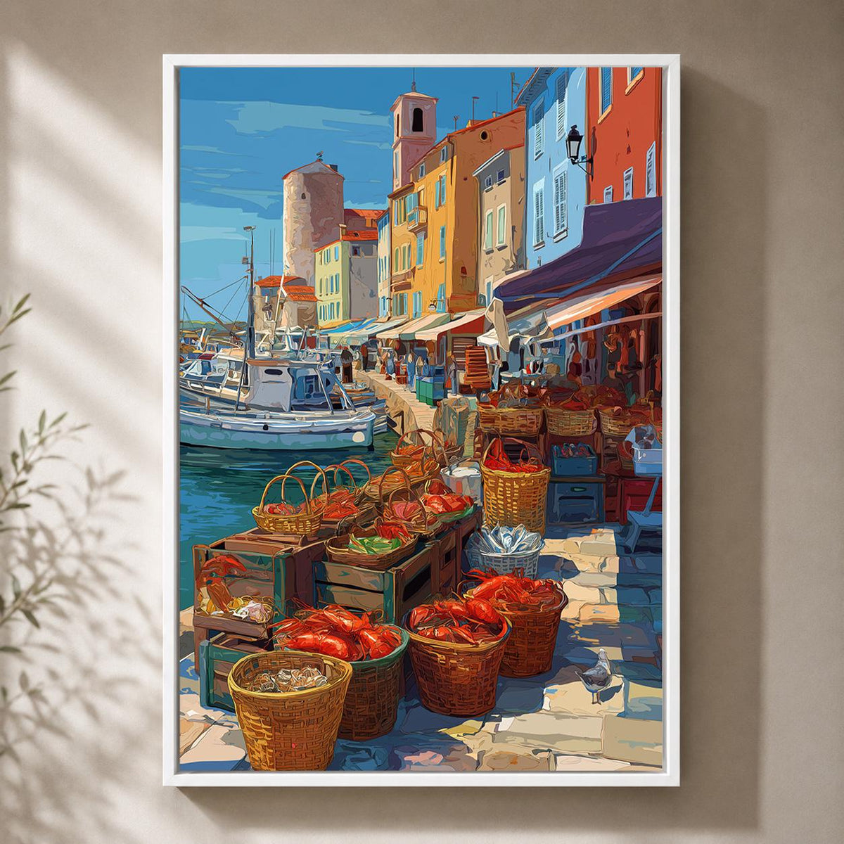 Mediterranean Fish Market Framed Canvas Art, Coastal Harbor Print, Italian Riviera Seafood Decor by The Wall Art Studio -...