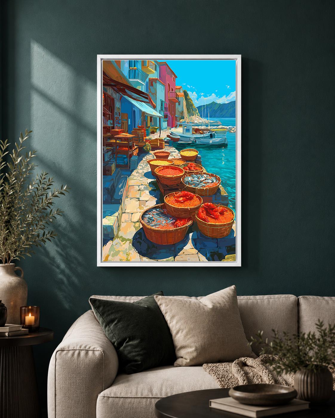 Mediterranean Fish Market Framed Canvas Art, Coastal Harbor Print, Italian Riviera Seafood Decor by The Wall Art Studio -...
