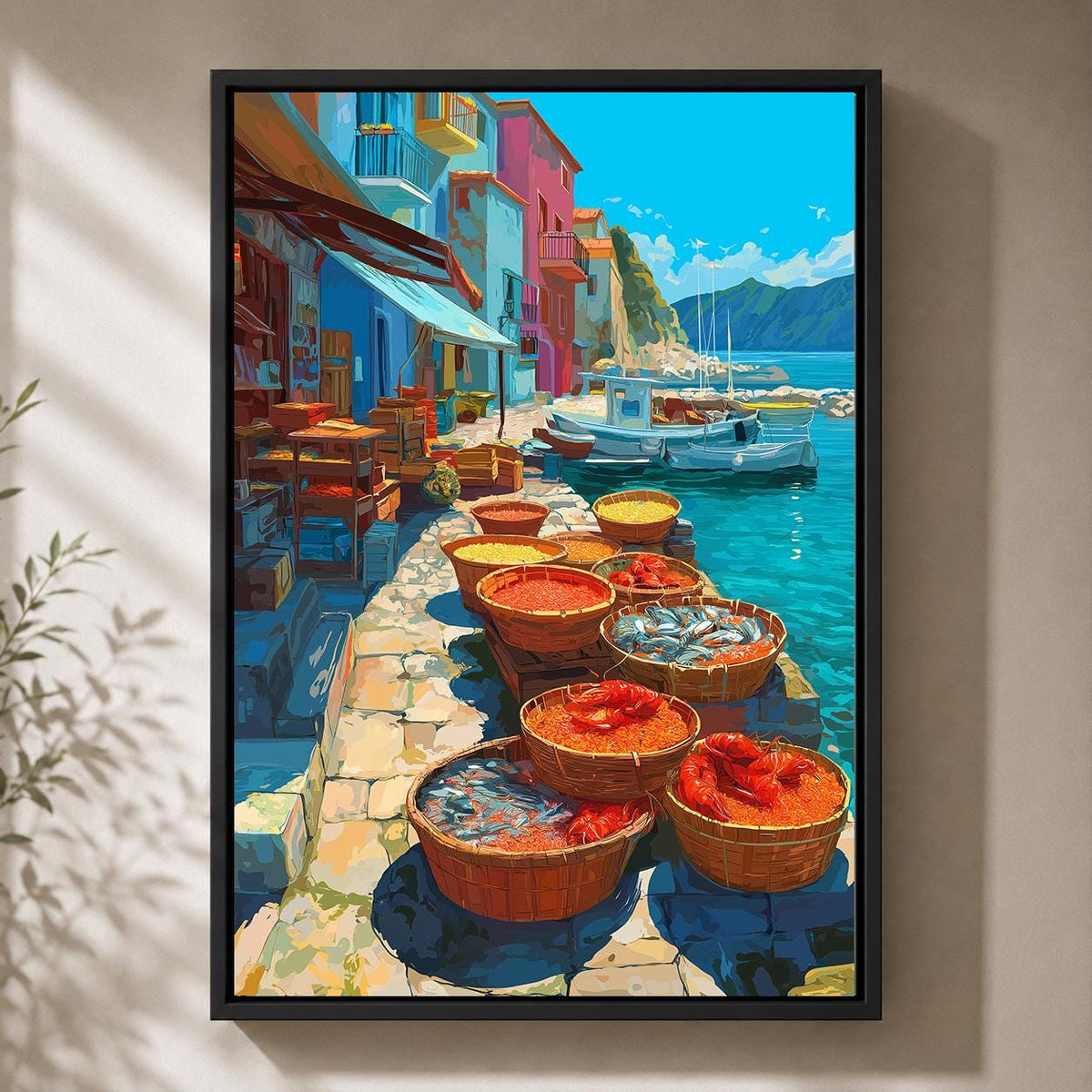 Mediterranean Fish Market Framed Canvas Art, Coastal Harbor Print, Italian Riviera Seafood Decor by The Wall Art Studio -...