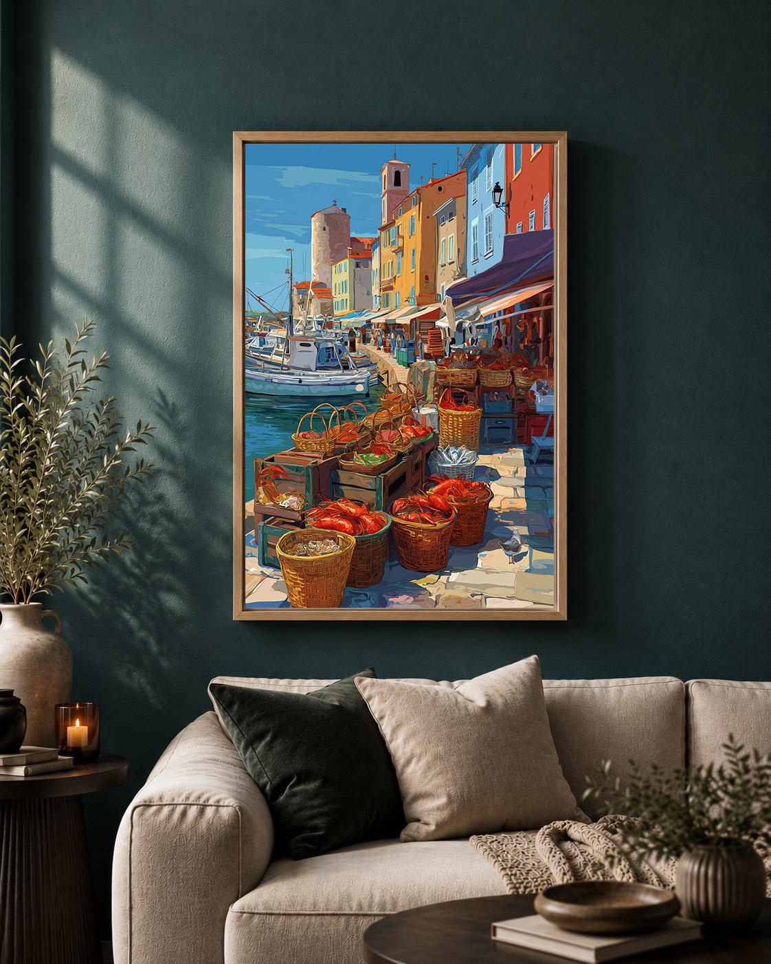 Mediterranean Fish Market Framed Canvas Art, Coastal Harbor Print, Italian Riviera Seafood Decor by The Wall Art Studio -...