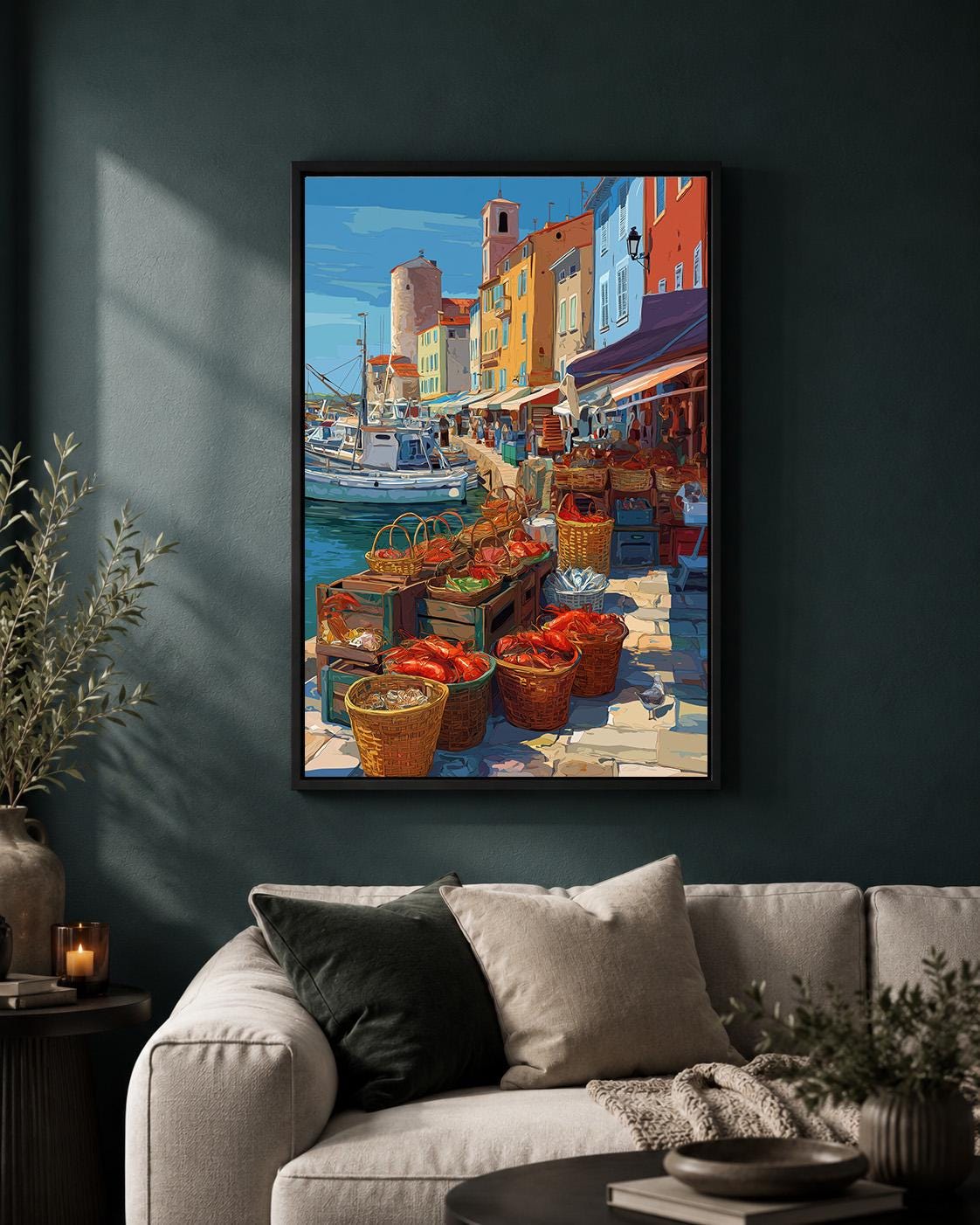 Mediterranean Fish Market Framed Canvas Art, Coastal Harbor Print, Italian Riviera Seafood Decor by The Wall Art Studio -...
